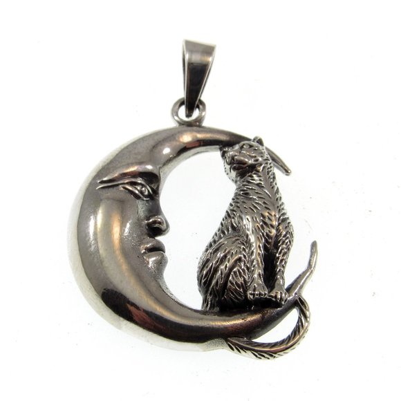 Solid 925 Sterling Silver Cat Familiar on Crescent Moon Pendant, Witchy Jewelry - Picture 4 of 8